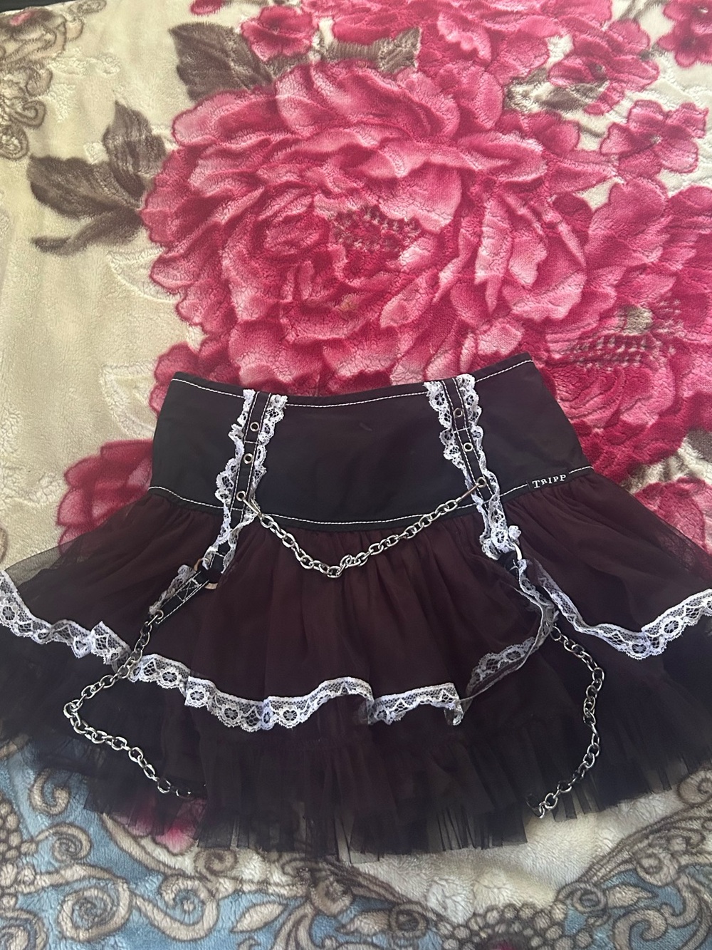 Tripp NYC Black Mini Skirt with White Lace & Silver Chain